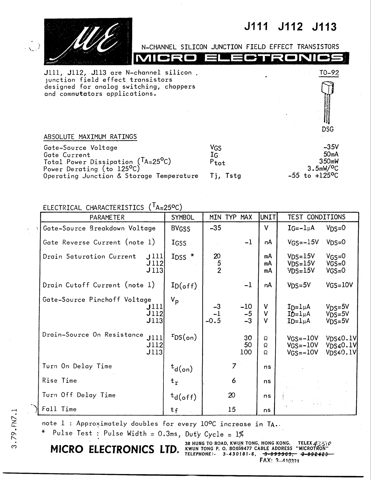 MICRO J113, J111, J112 Datasheet