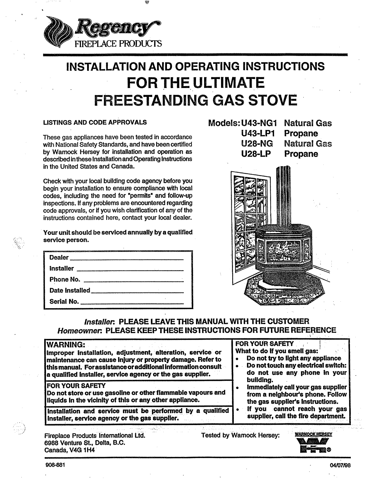 Regency U43-1 Installation Manual