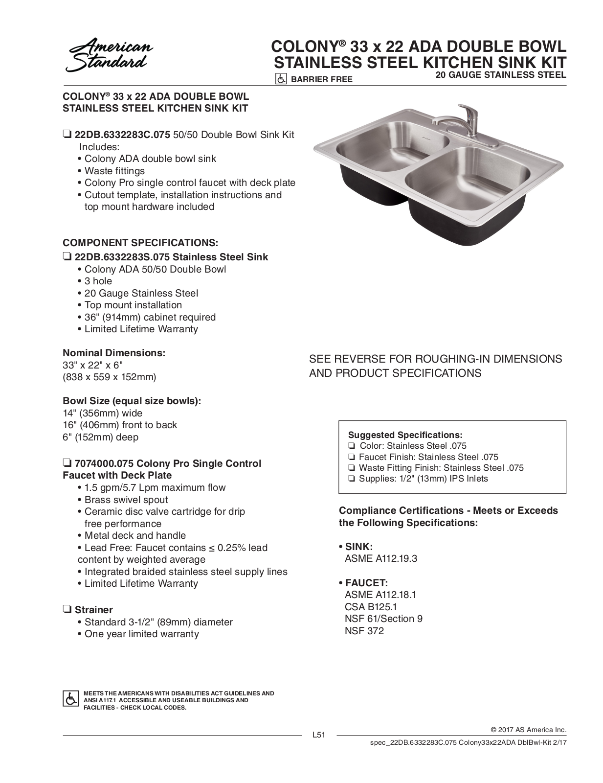 American Standard 22DB.6332283C.075, 22DB.6332283S.075 Installation Manual