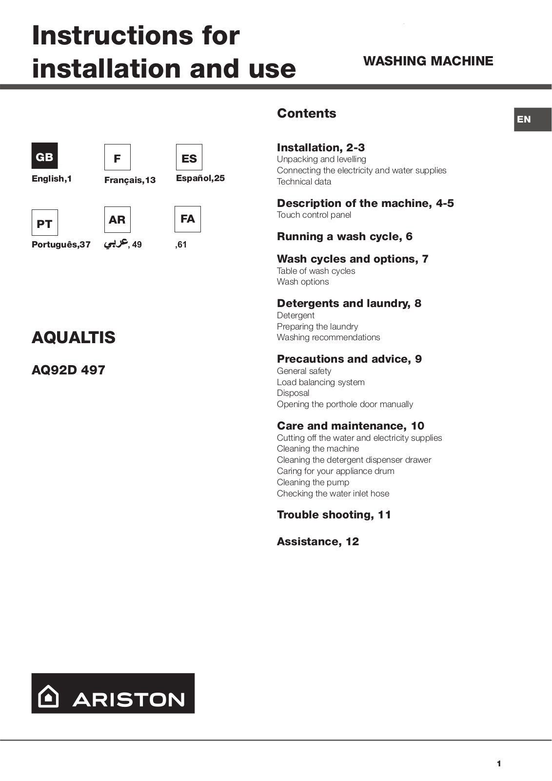 Hotpoint AQ92D 497 EX User Manual