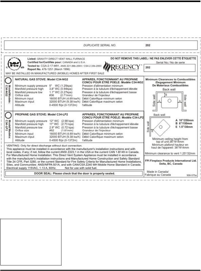 Regency C34-NG2, C34-LP2 User Manual