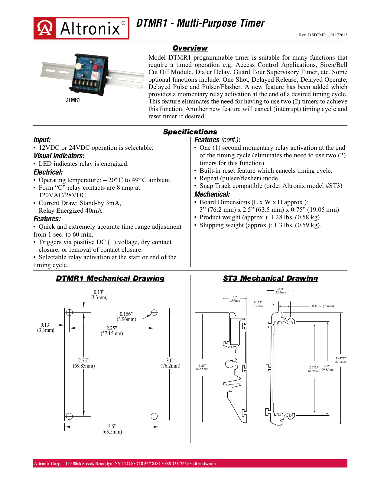 Altronix DTMR1 Specsheet