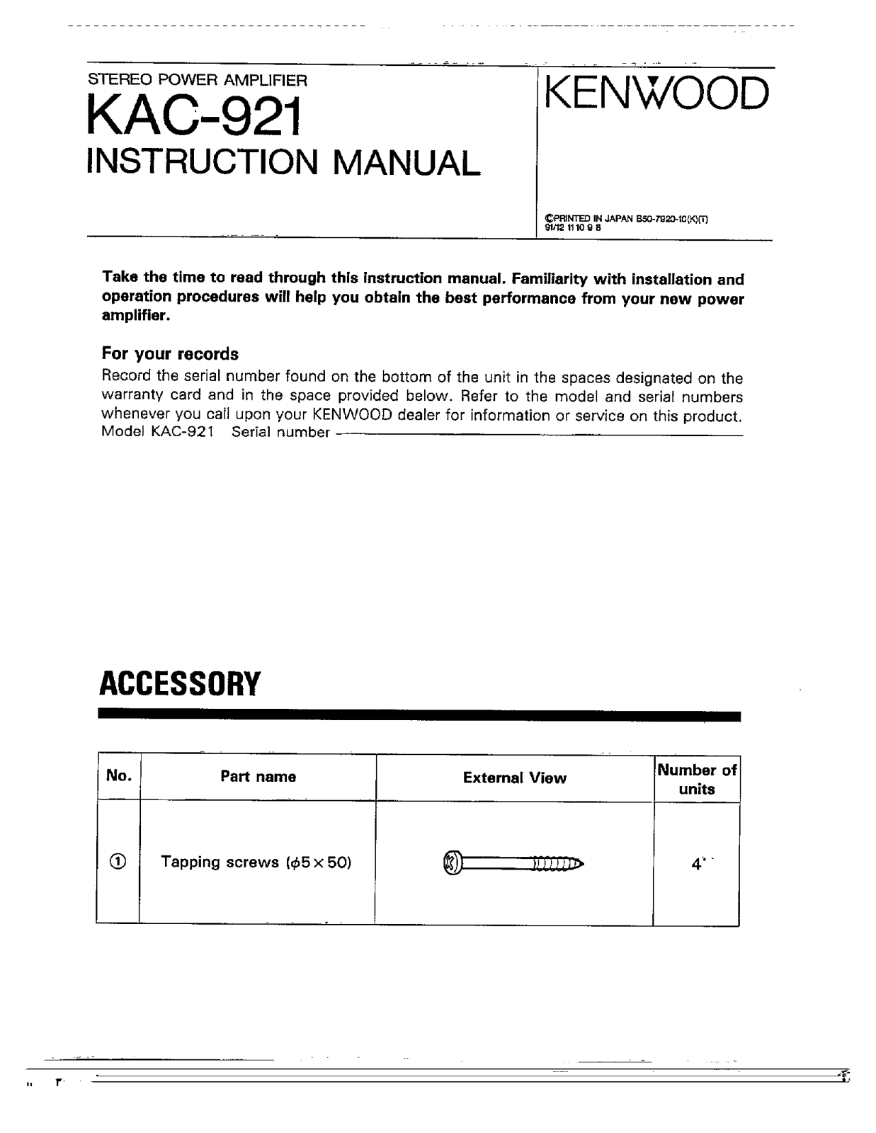 Kenwood KAC-921 Owner's Manual