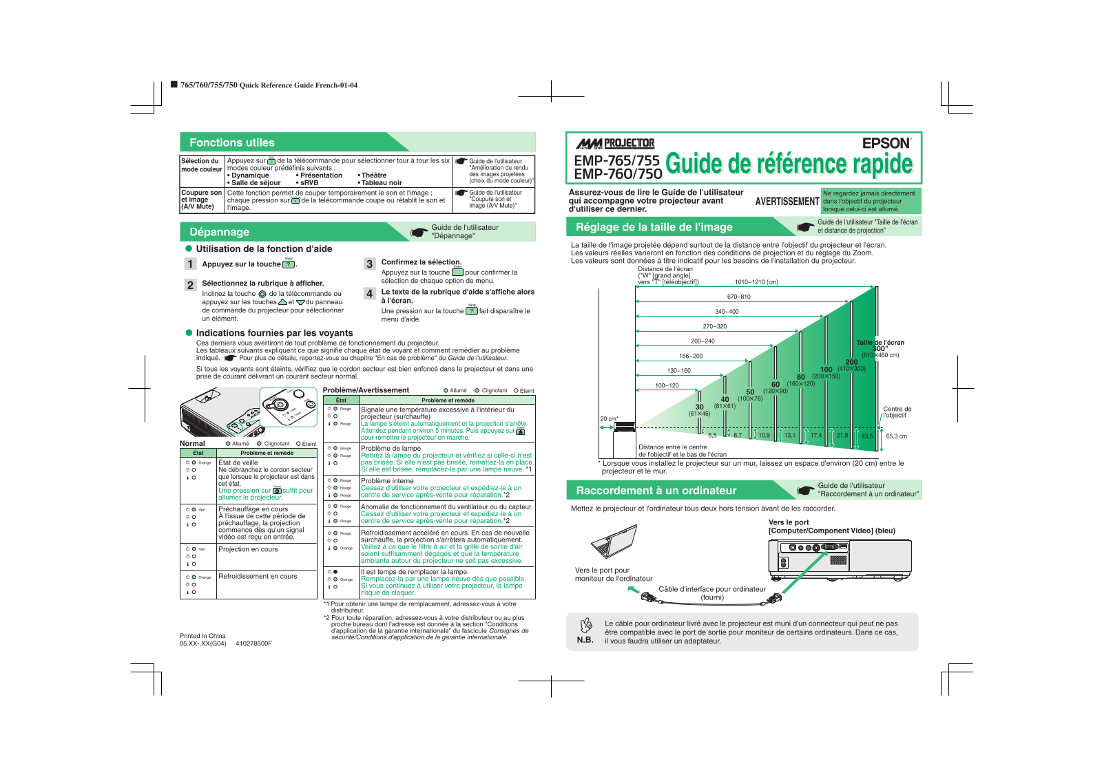 Epson EMP-760, EMP-755, EMP-765, EMP-750 Quick reference guide