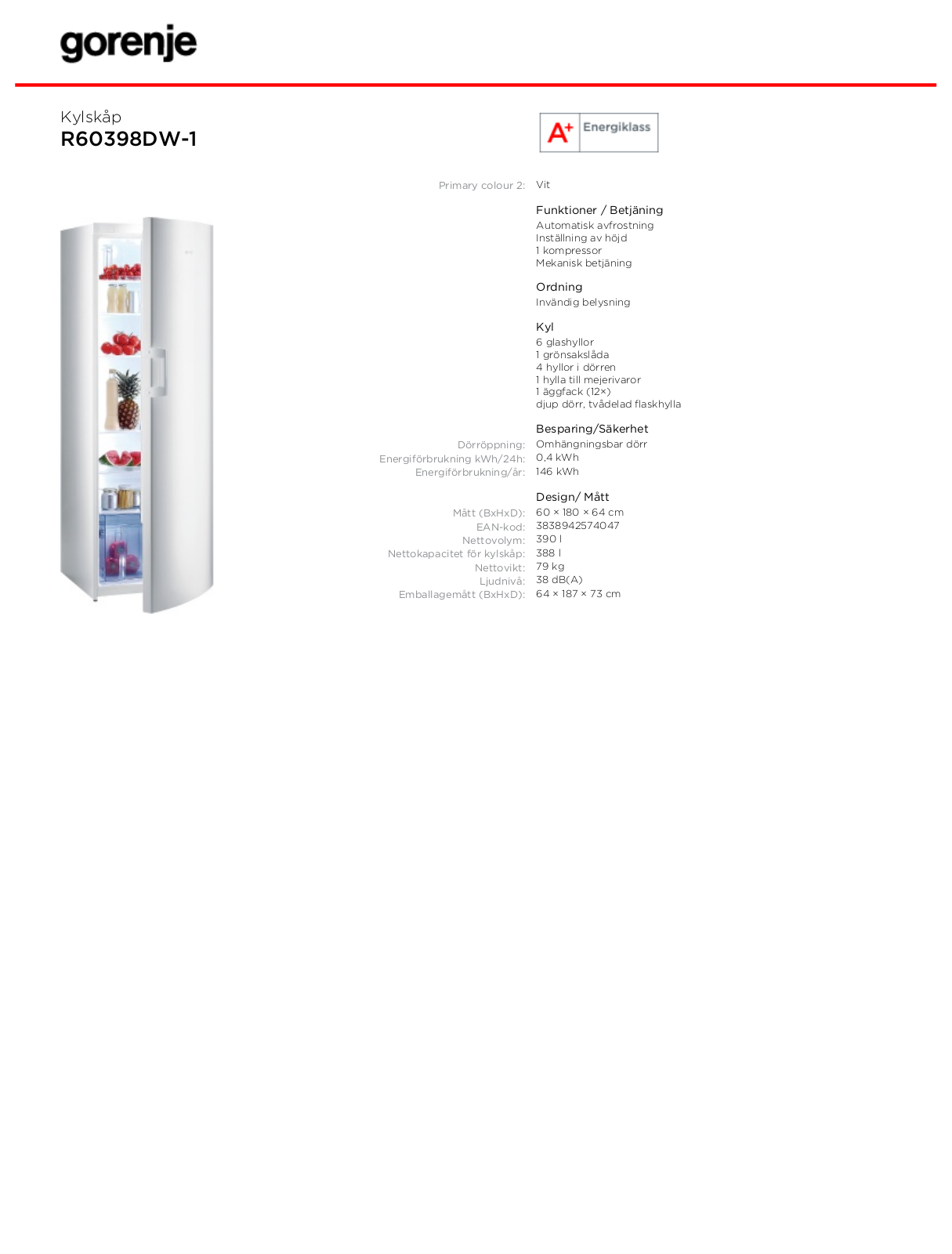 Gorenje R60398DW-1 DATASHEET