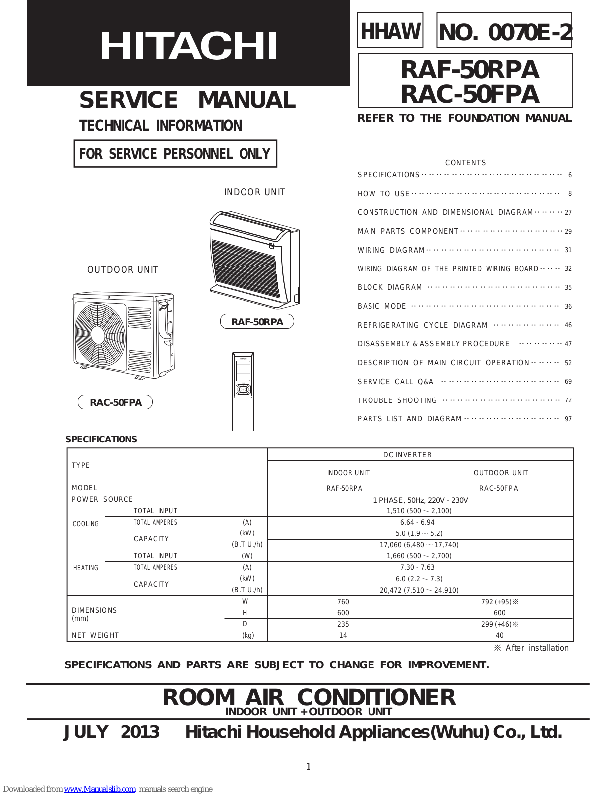 Hitachi RAF-50RPA, RAC-50FPA Service Manual