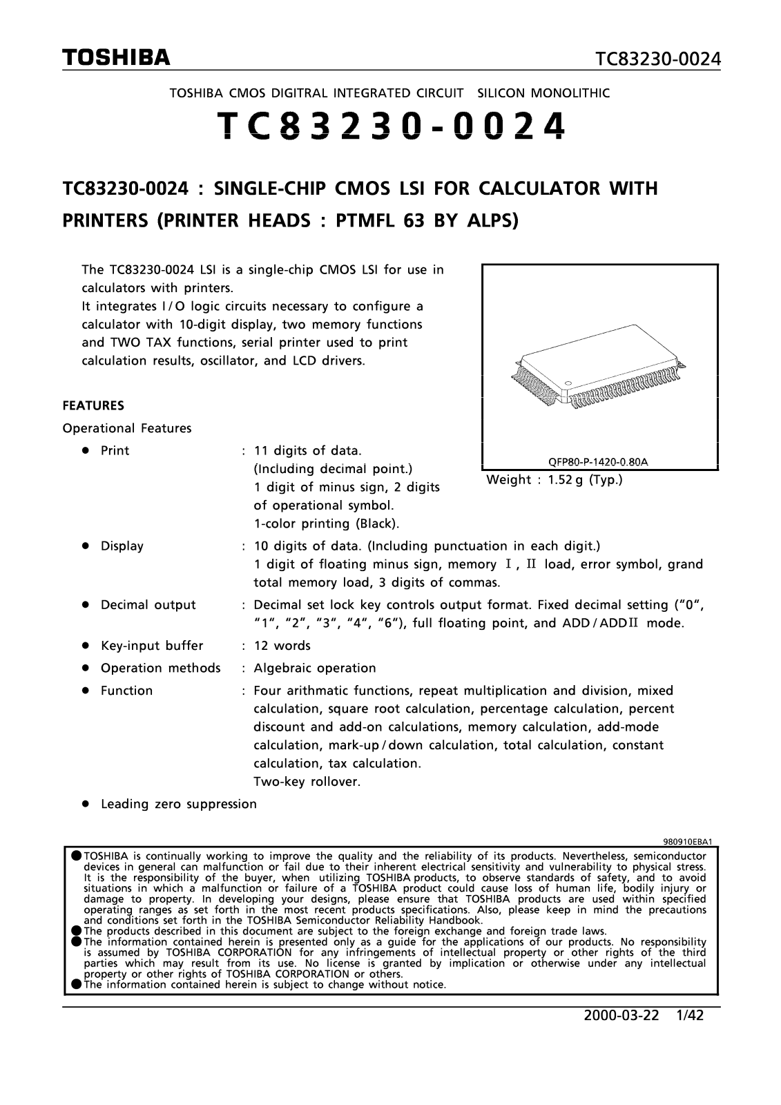 TOSHIBA TC83230-0024 Technical data