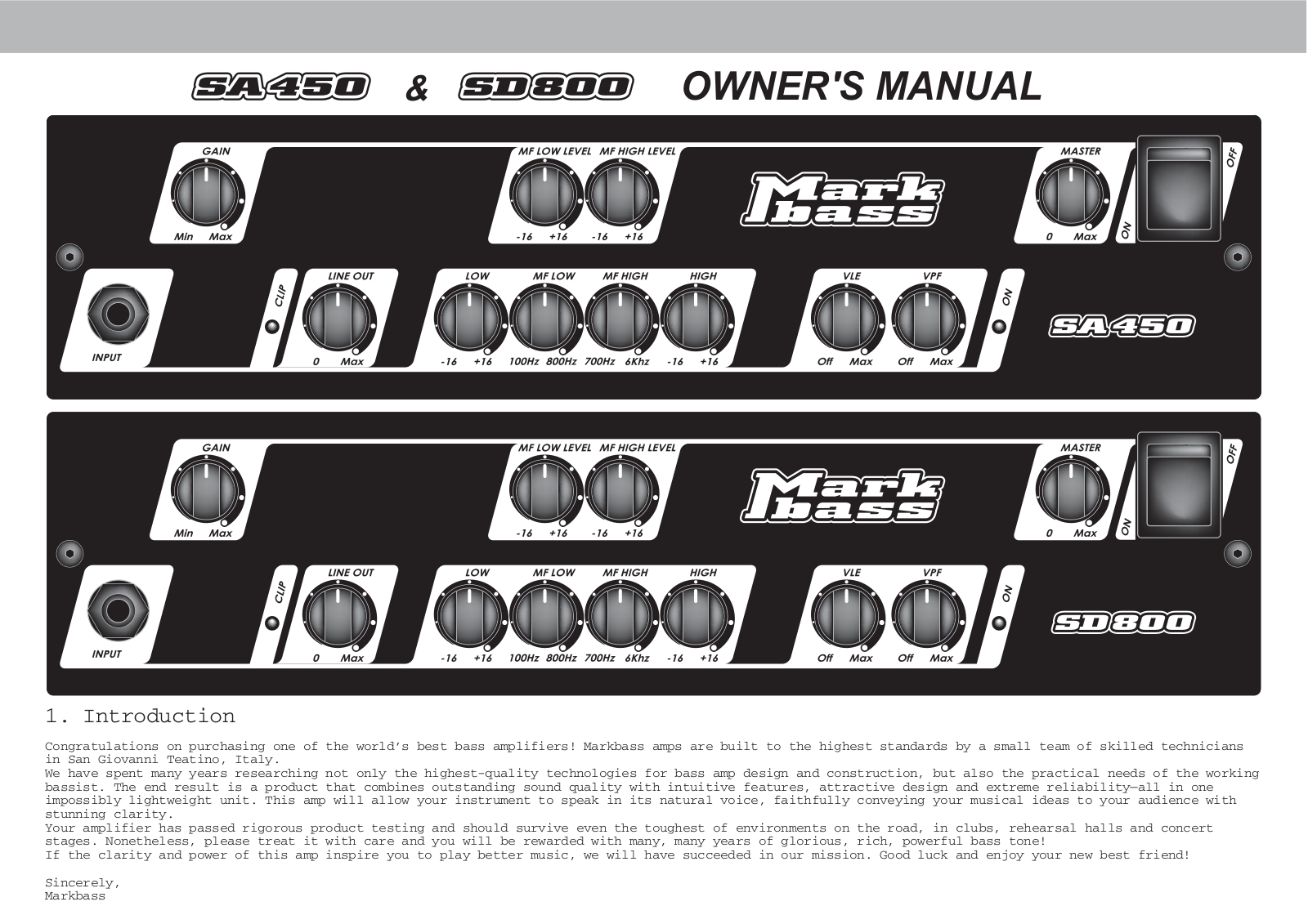 Markbass SA450 Testata per Basso 500W User manual