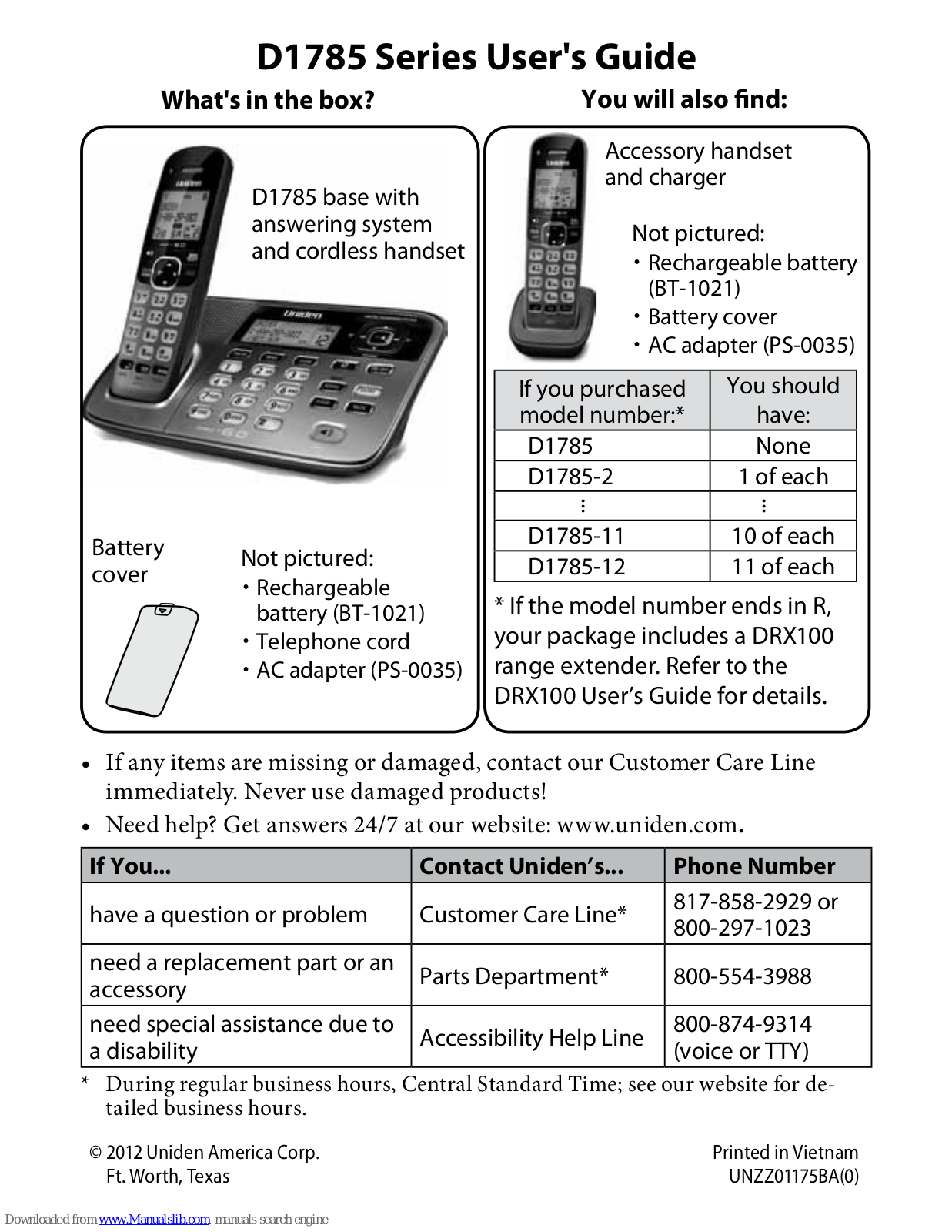 Uniden D1785 Series, D1785-2, D1785-11, D1785-12 User Manual