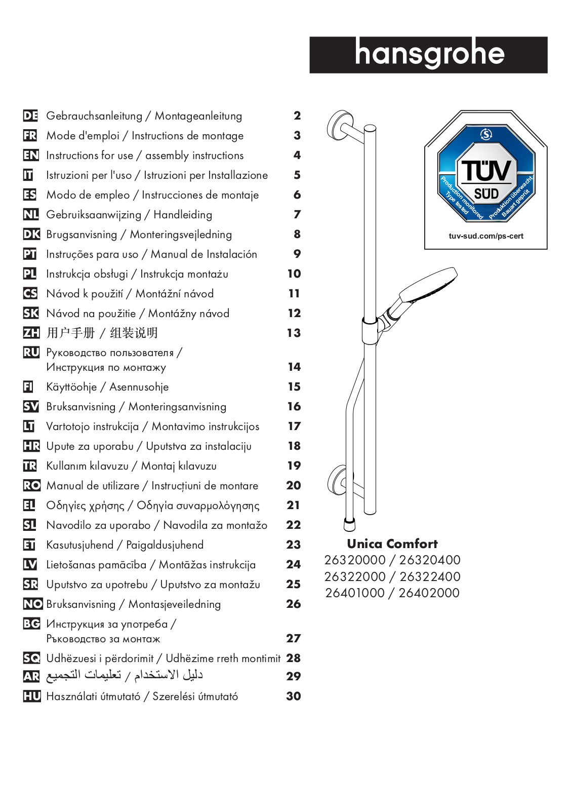 Hans Grohe 26320000, 26401000, 26322400, 26402000, 26322000 Instructions For Use/assembly Instructions