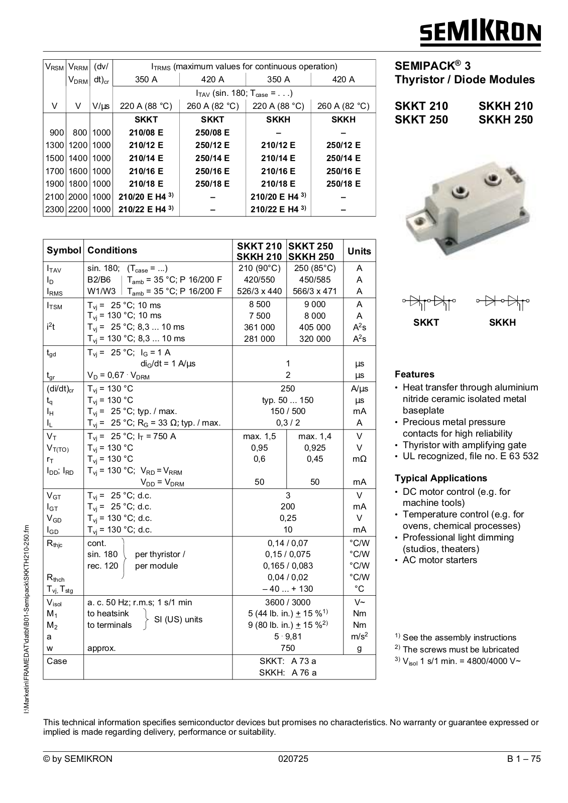 Datasheet SKKT250/16E Specification - ManualMachine.com