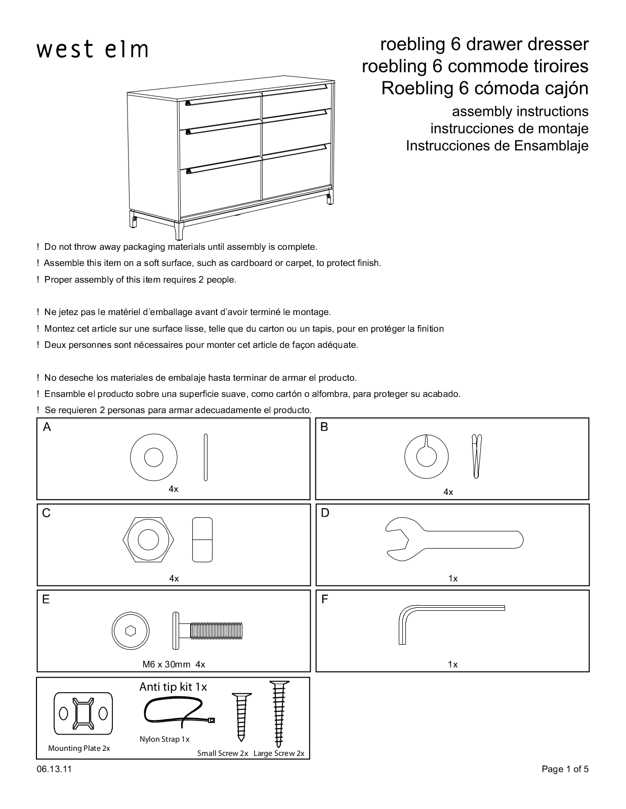 West Elm Roebling Bedroom Collection 6 Drawer Dresser Assembly Instruction