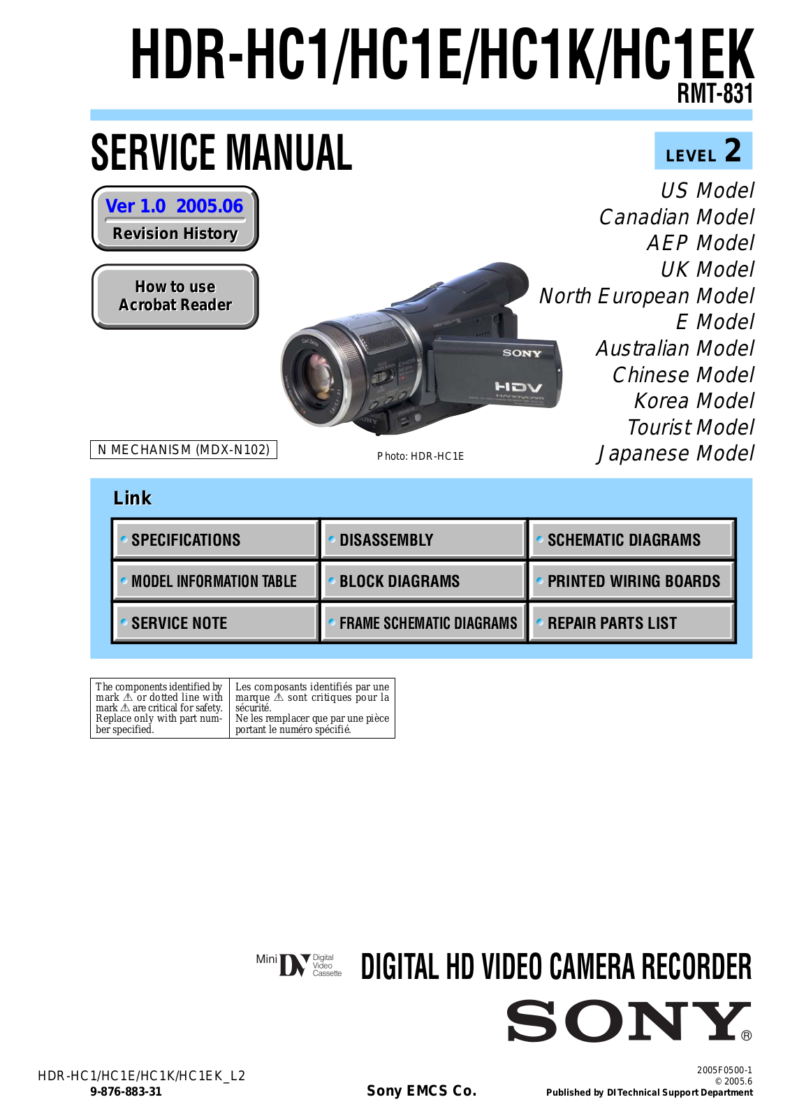 Sony HDR-HC1K, HDR-HC1EK, HDR-HC1E, HDR-HC1 User Manual