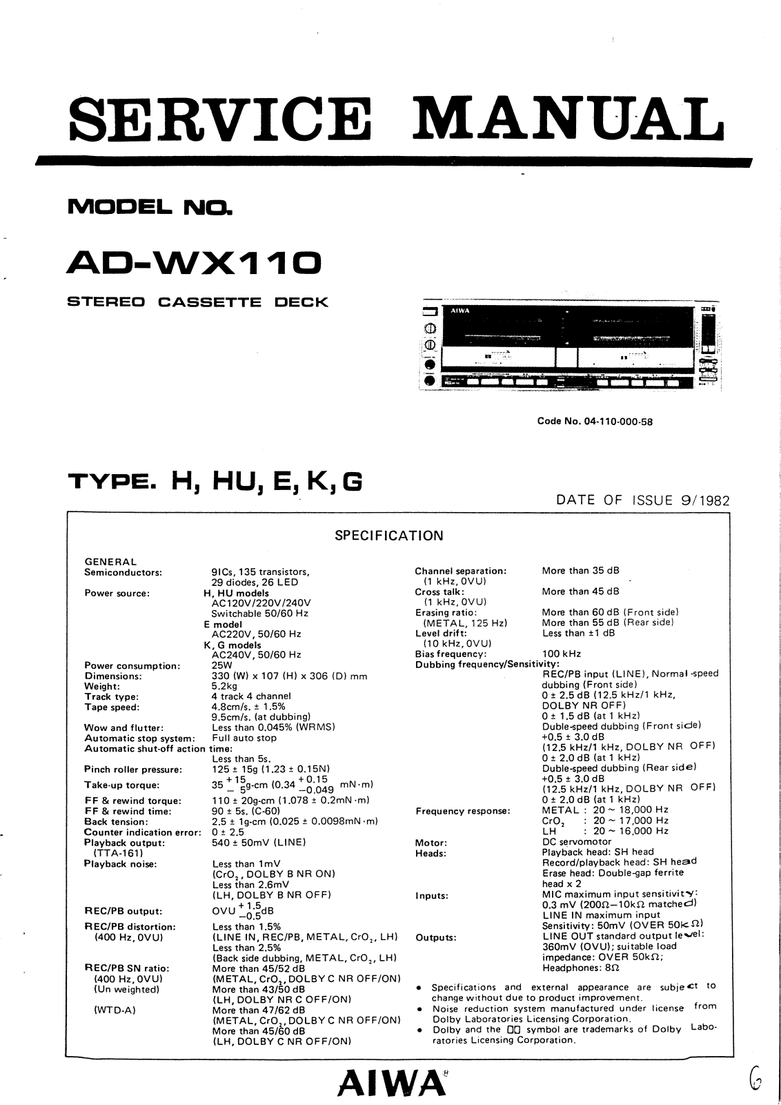 Aiwa ADWX-110 Service manual