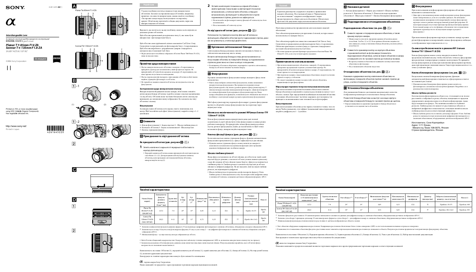 Sony Sonnar T* 135mm f/1.8 ZA, Planar T* 85mm f/1.4 ZA User Manual