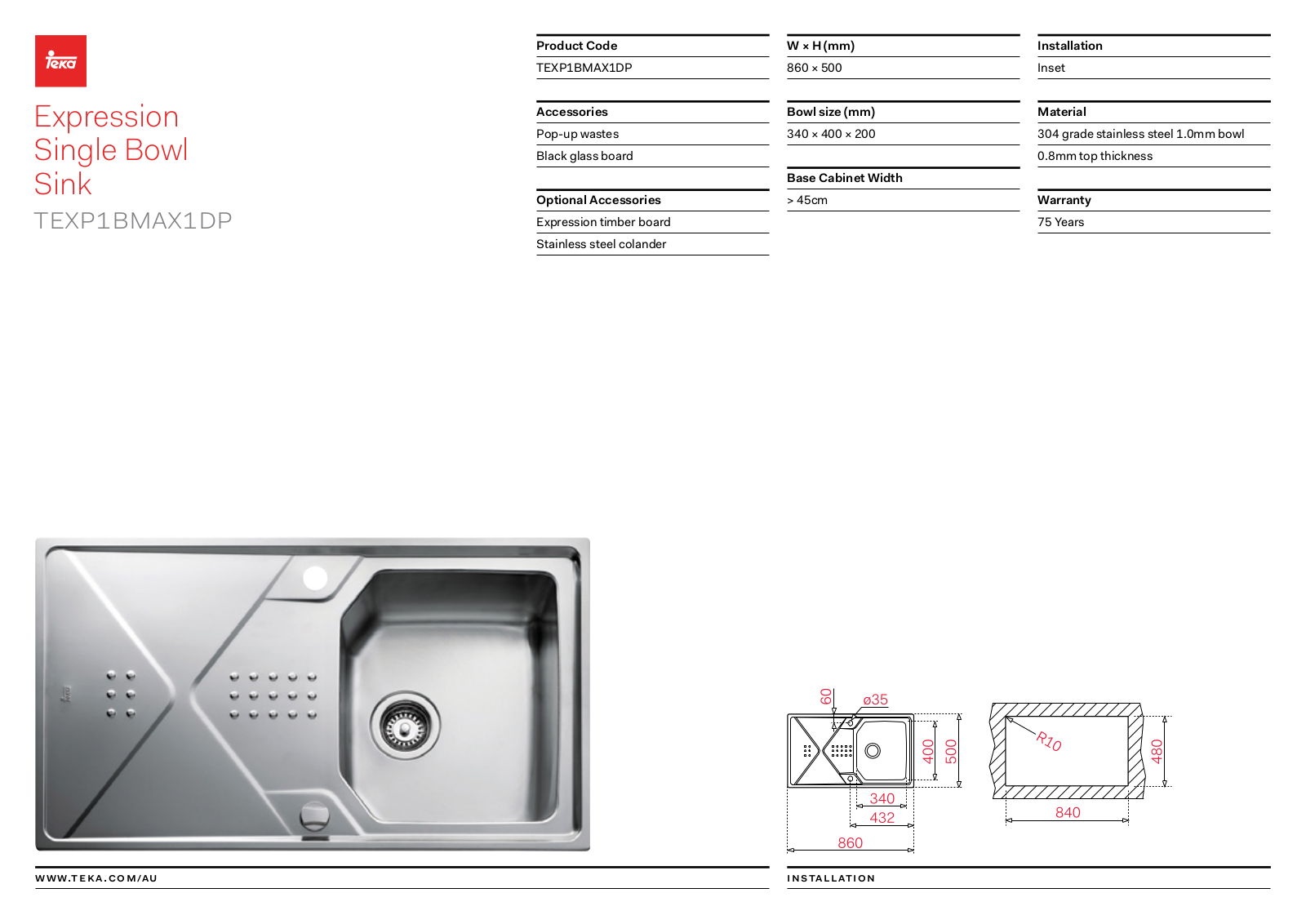 Teka TEXP1BMAX1DP Specifications Sheet