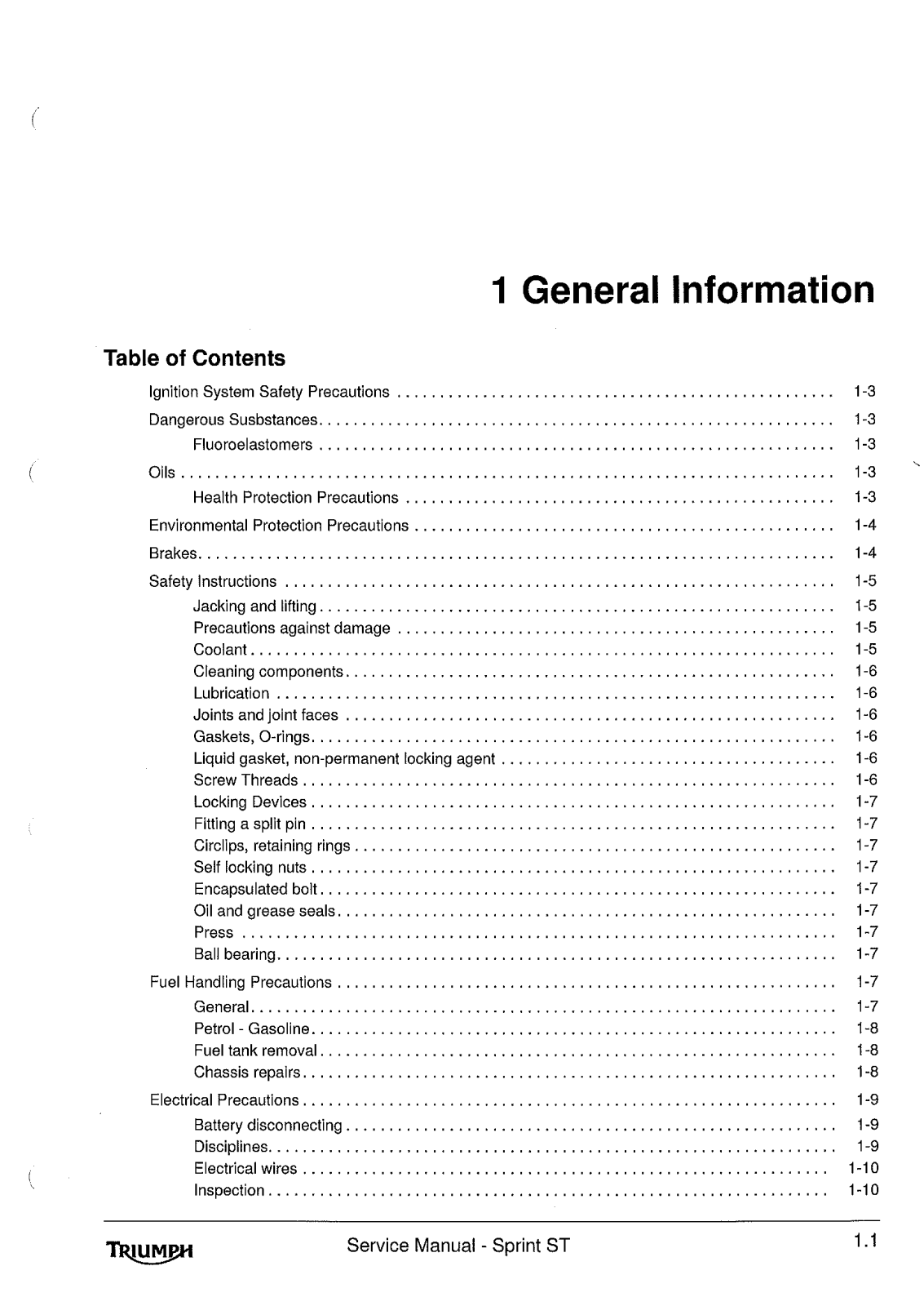 TRIUMPH Sprint St Service Repair Manual 1.1 1.36 General Information   Index