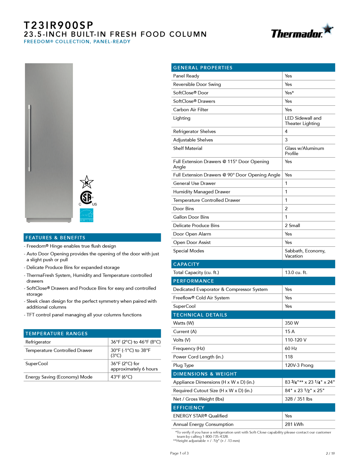 Thermador T23IR900SP Specifications