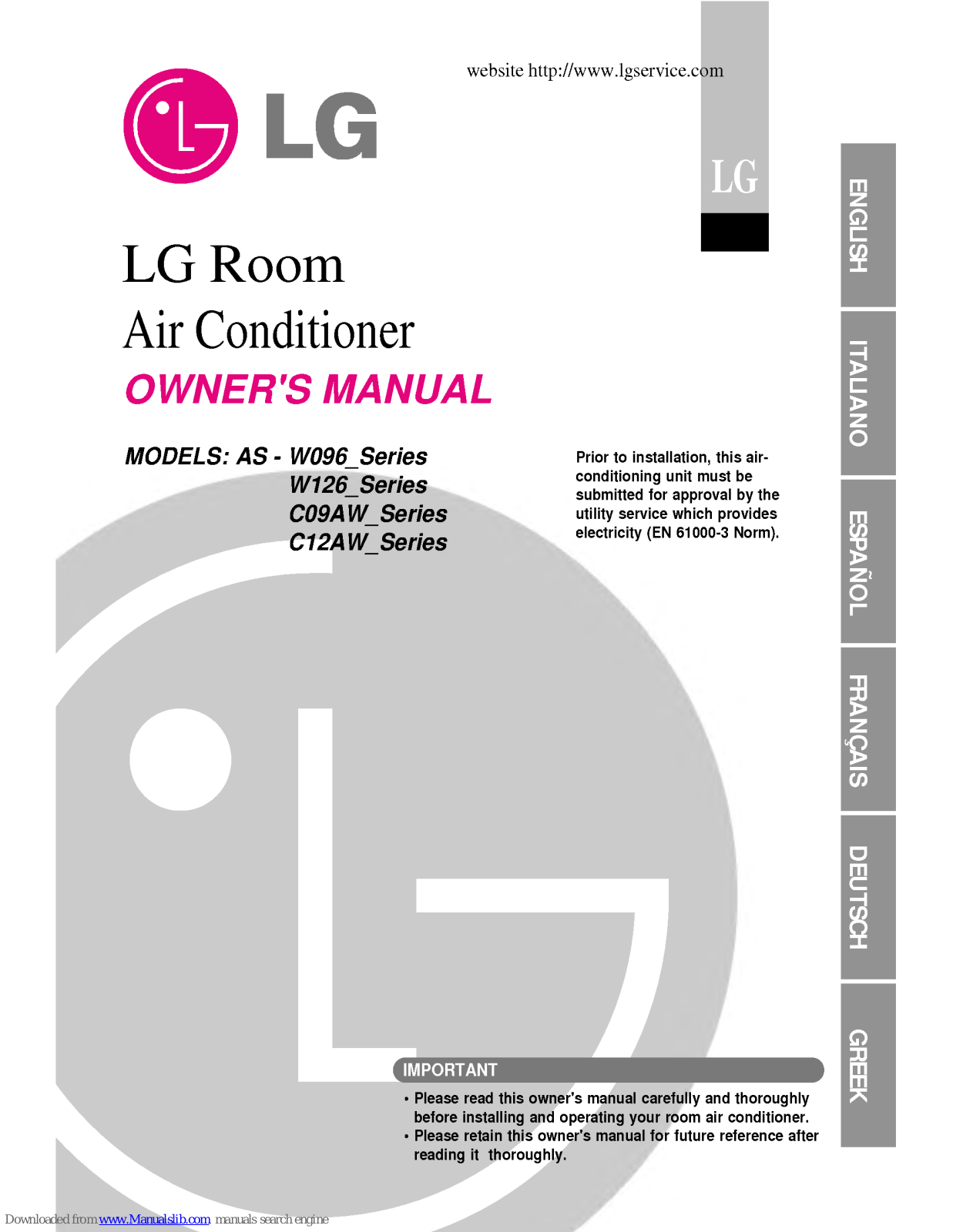 LG AS-W126 series, AS-C09AW series, AS-C12AW series Owner's Manual