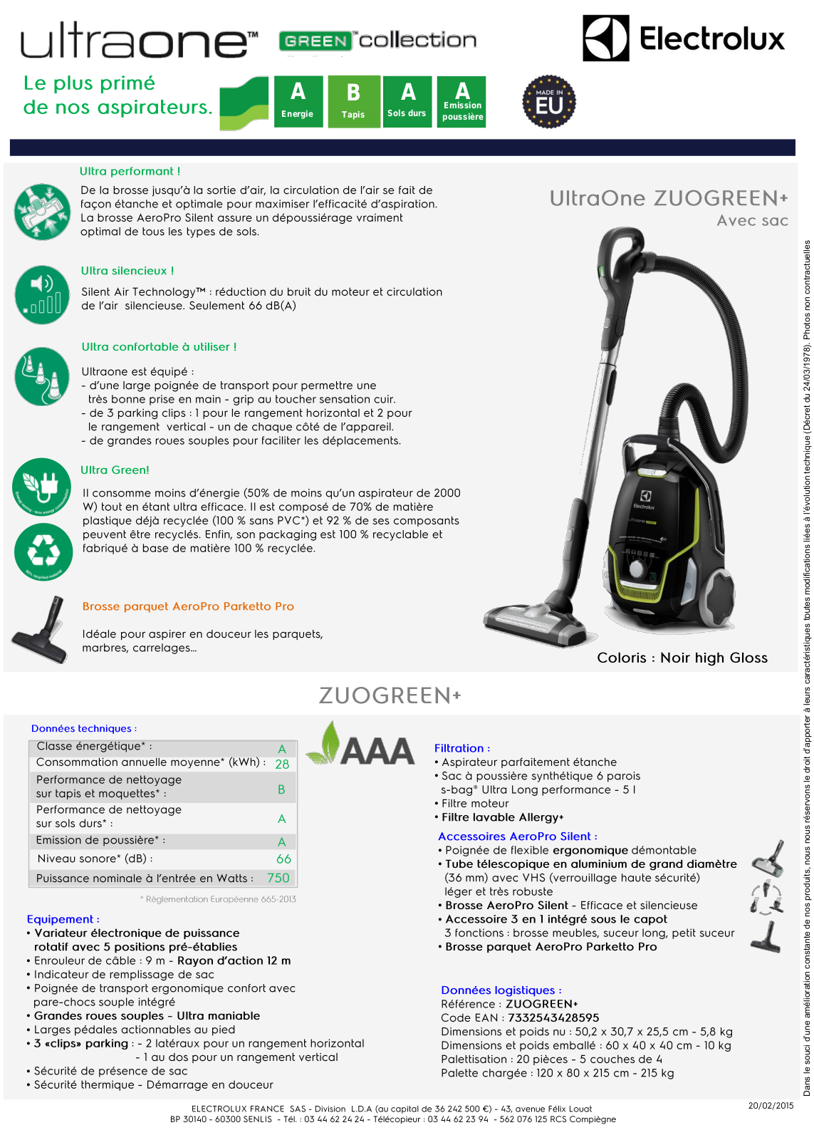 Electrolux ZUOGREEN+ product sheet