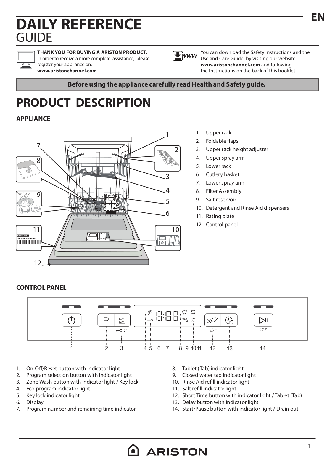 ARISTON LFC 3C26 60HZ Daily Reference Guide