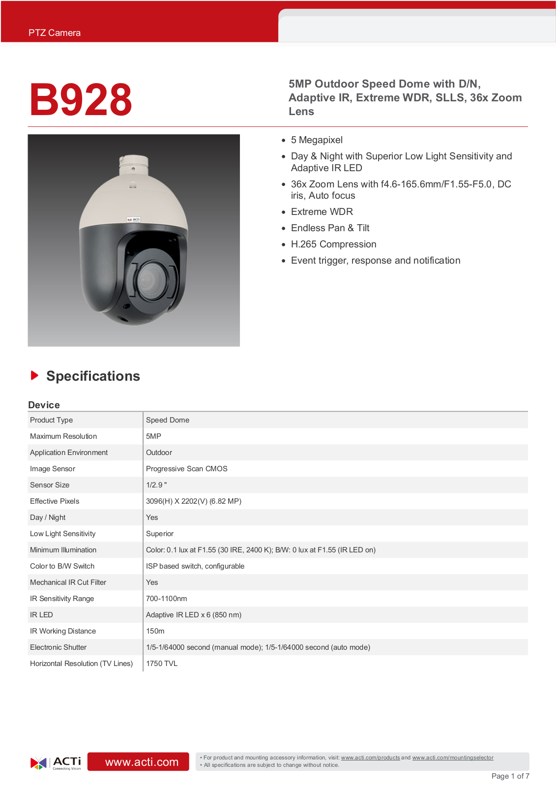 ACTi B928 Specsheet