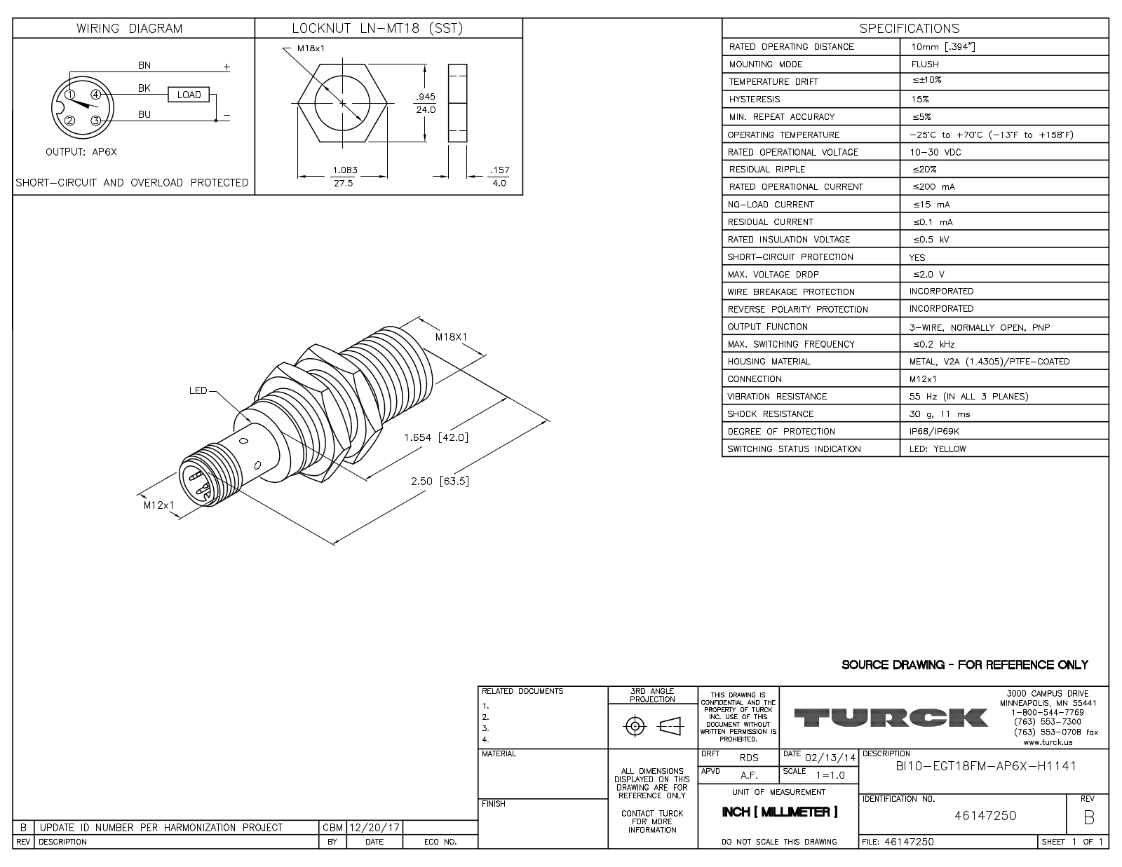 Turck BI10-EGT18FM-AP6X-H1141 Data Sheet