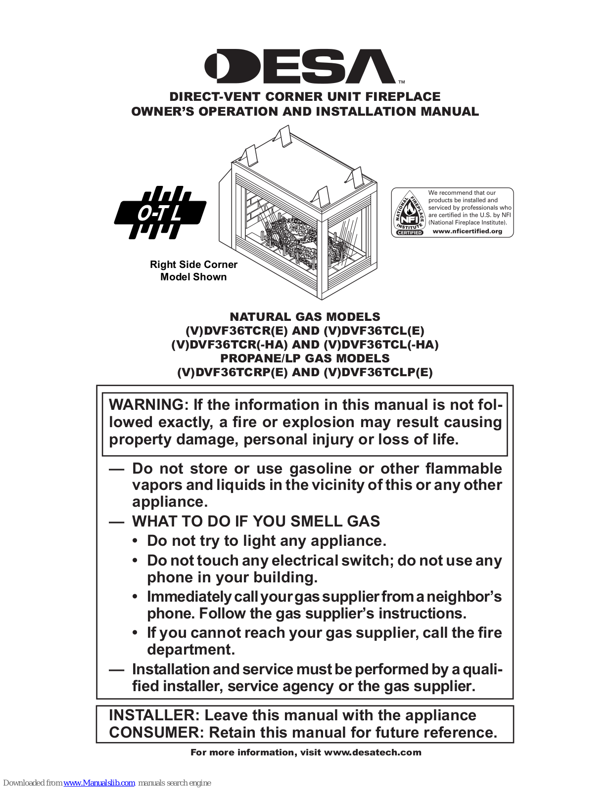 Desa VDVF36TCLPE, DVF36TCRP, VDVF36TCRE, DVF36TCR, VDVF36TCLE Owner's Operation And Installation Manual