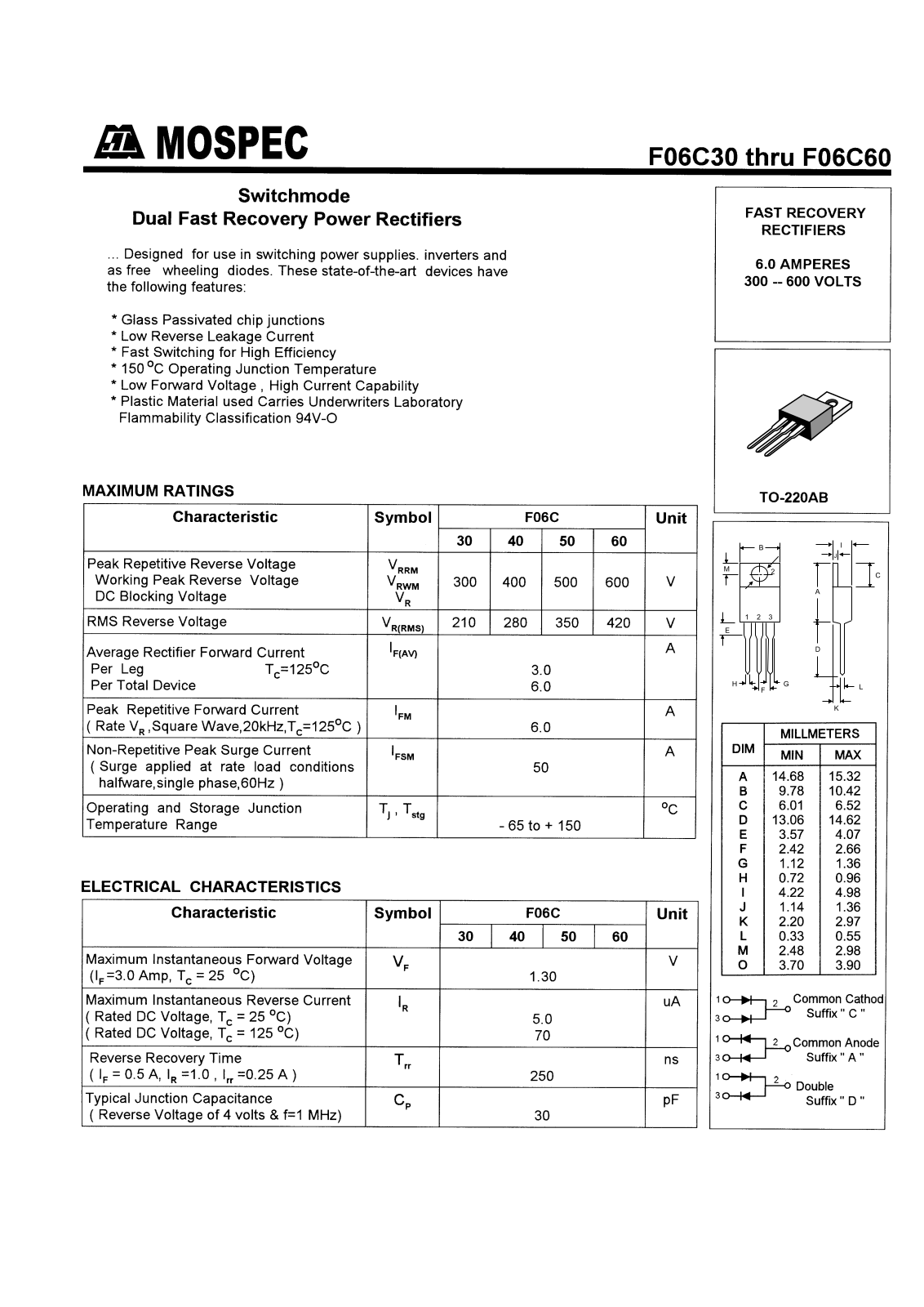 MOSPEC F06C60D, F06C60C, F06C60A, F06C50D, F06C50C Datasheet