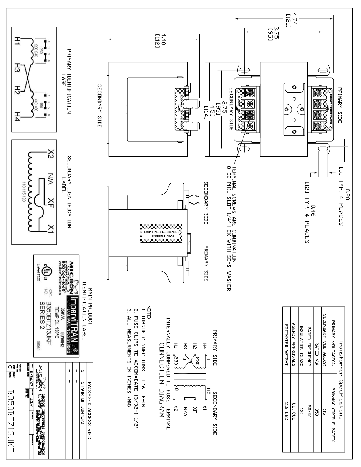 Micron Industries B350BTZ13JKF Specification Sheet