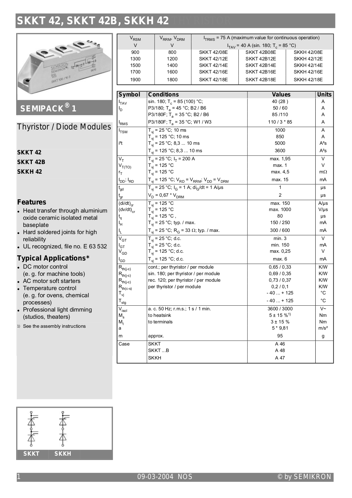 Semikron SKKT 42, SKKT 42B, SKKH 42 Data Sheet