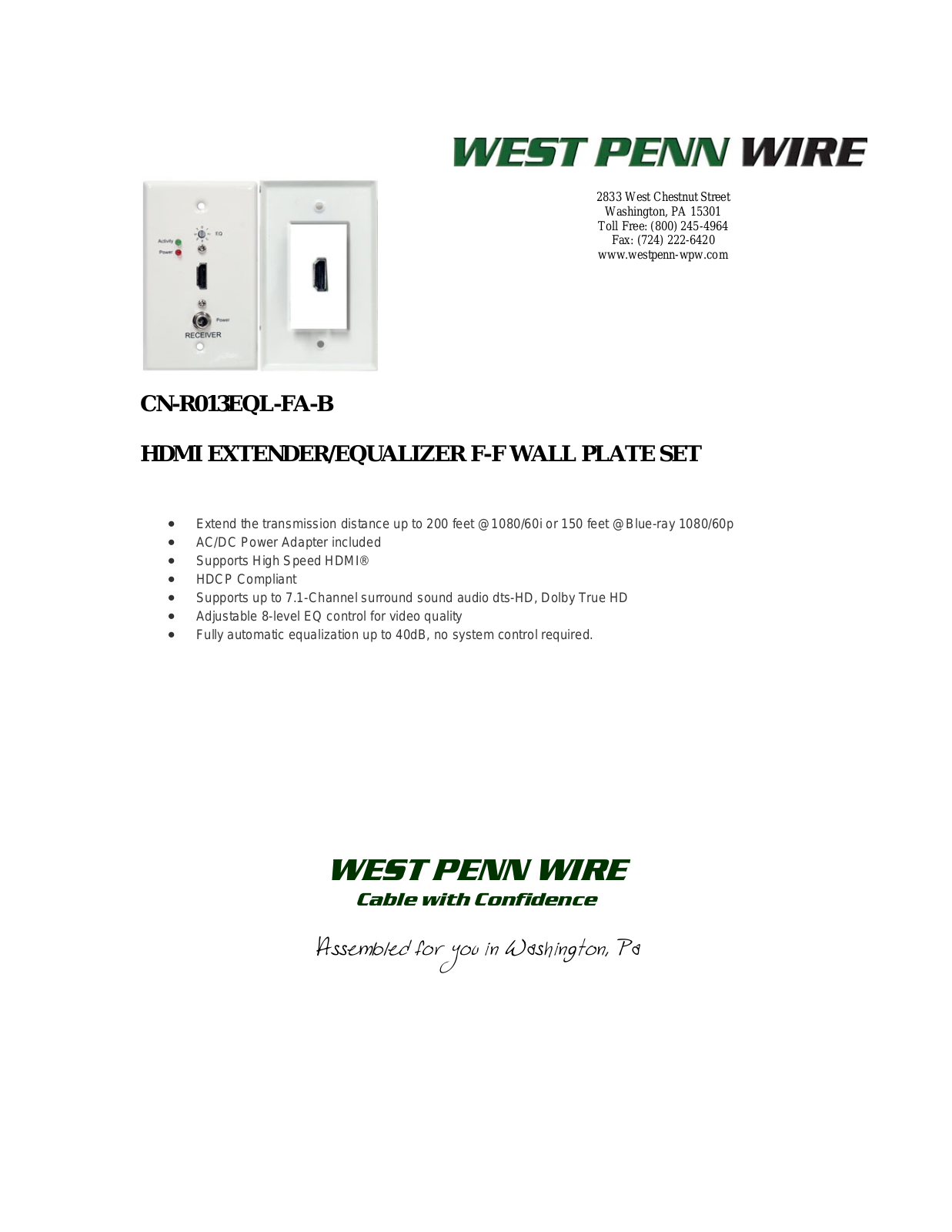 West Penn CN-R013EQLFA-B Specsheet