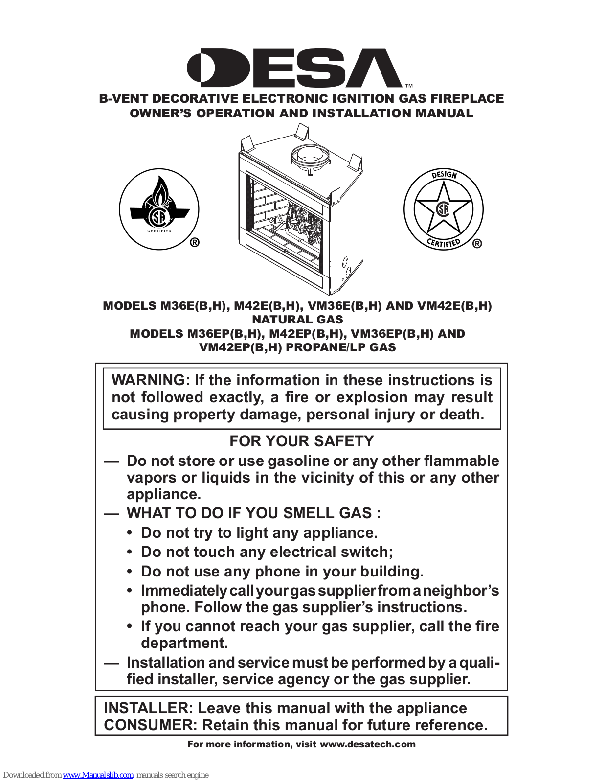 Desa M42EH, VM36EB, VM36EH, VM42EB, VM42EH Owner's Operation And Installation Manual