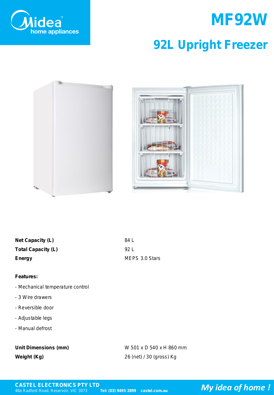 Midea MF92W Specifications Sheet