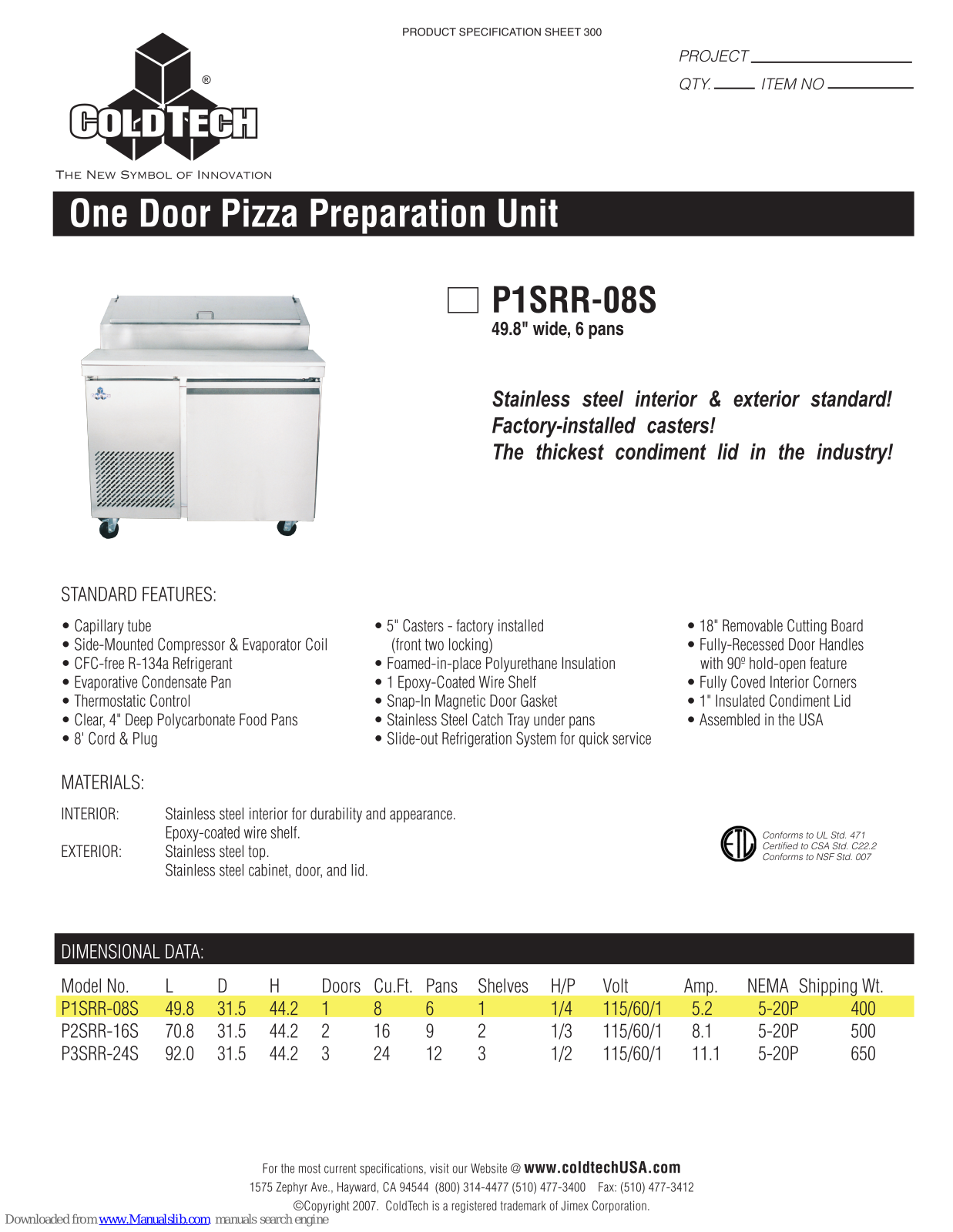 ColdTech P1SRR-08S, P3SRR-24S, P2SRR-16S Specifications