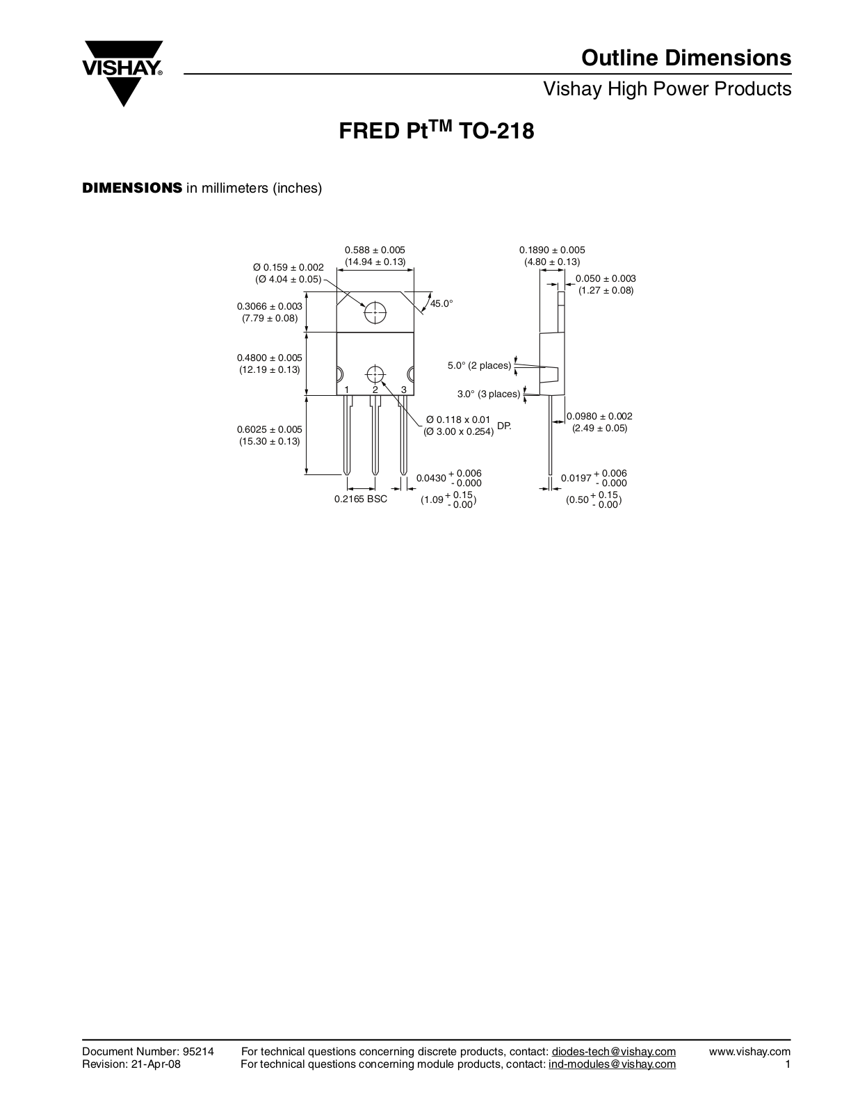 Vishay FRED Pt TO-218 Dimensional Sheet