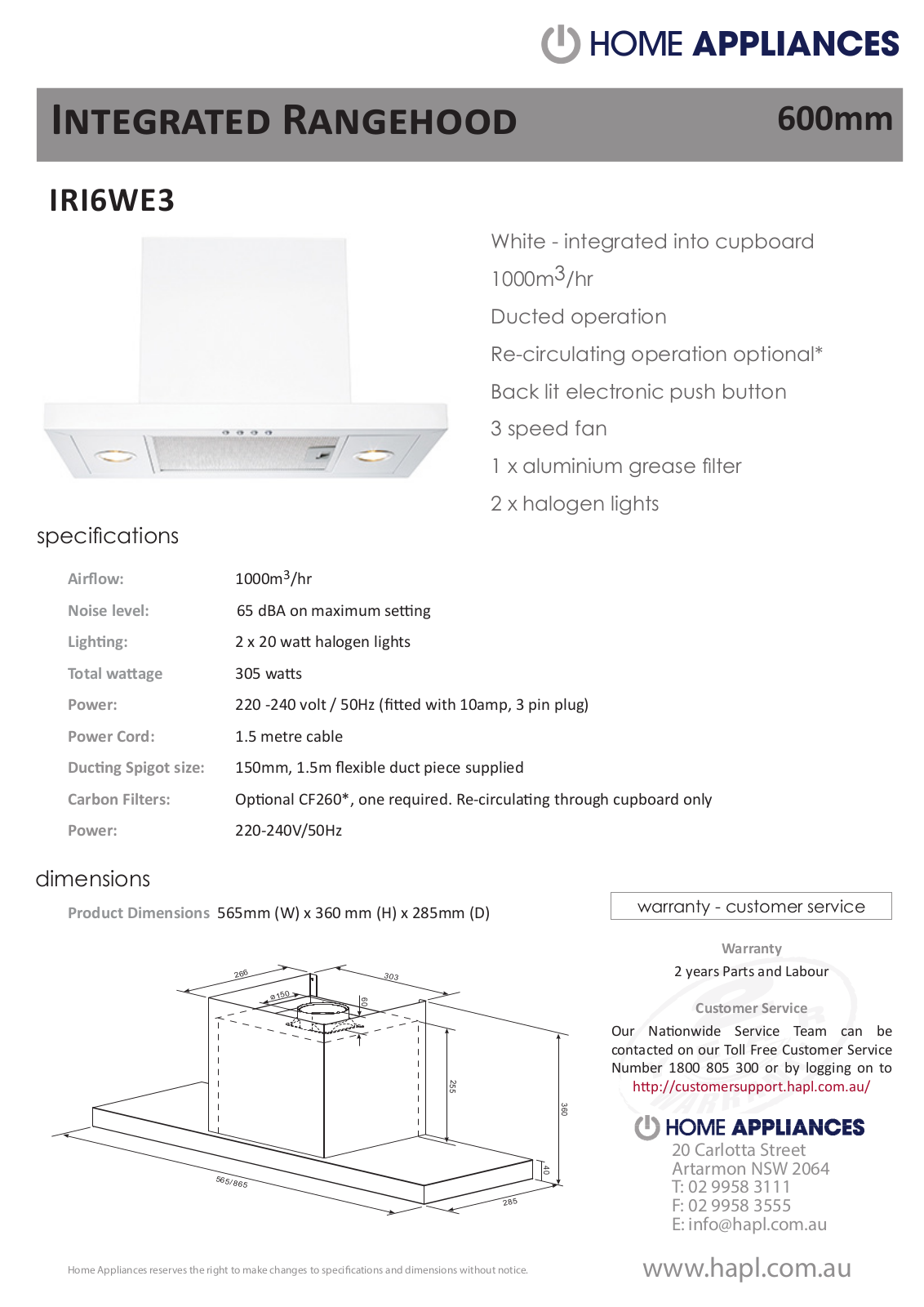 Arc IRI6WE3 Specifications Sheet