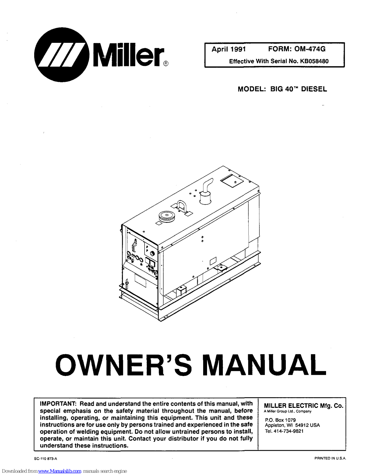 Miller BIG 40 Diesel Owner's Manual