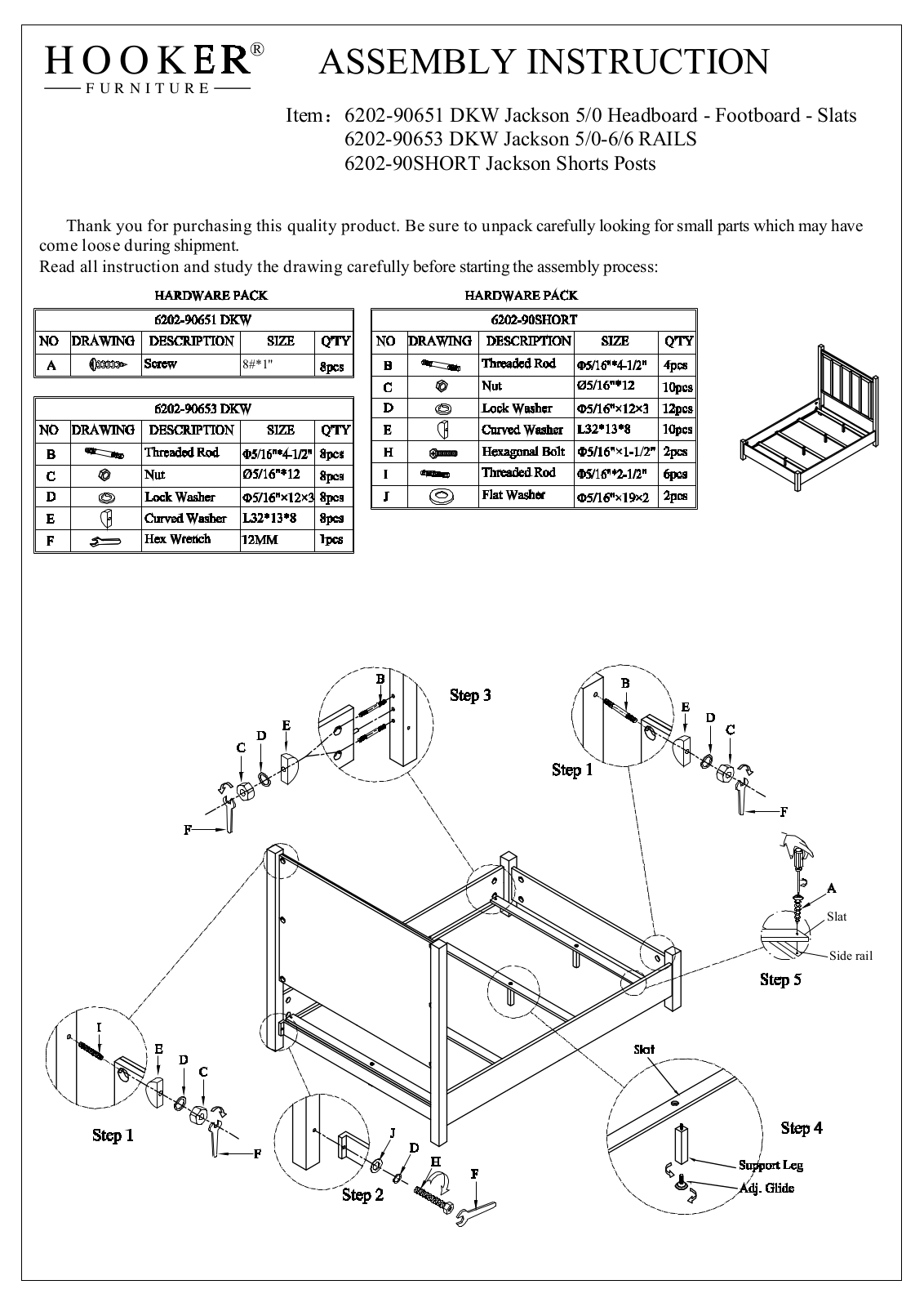 Hooker 6202-90651-DKW, 6202-90653-DKW, 6202-90SHORT Assembly Instructions