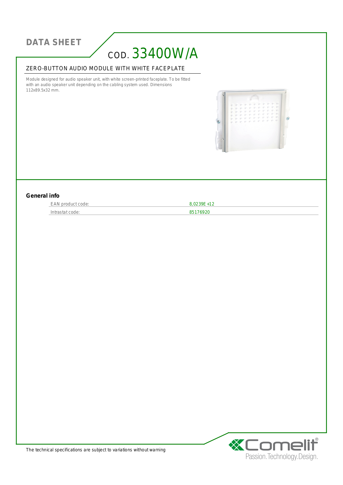 Comelit 3340-0W Specsheet