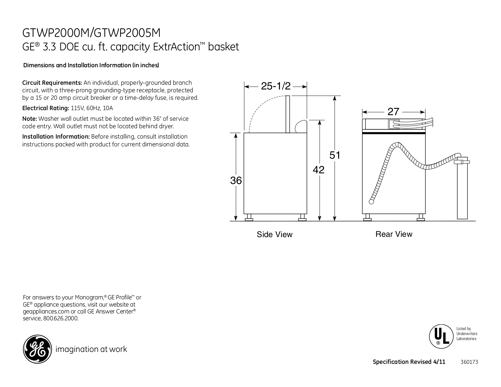 GE GTWP2005MCC Specification