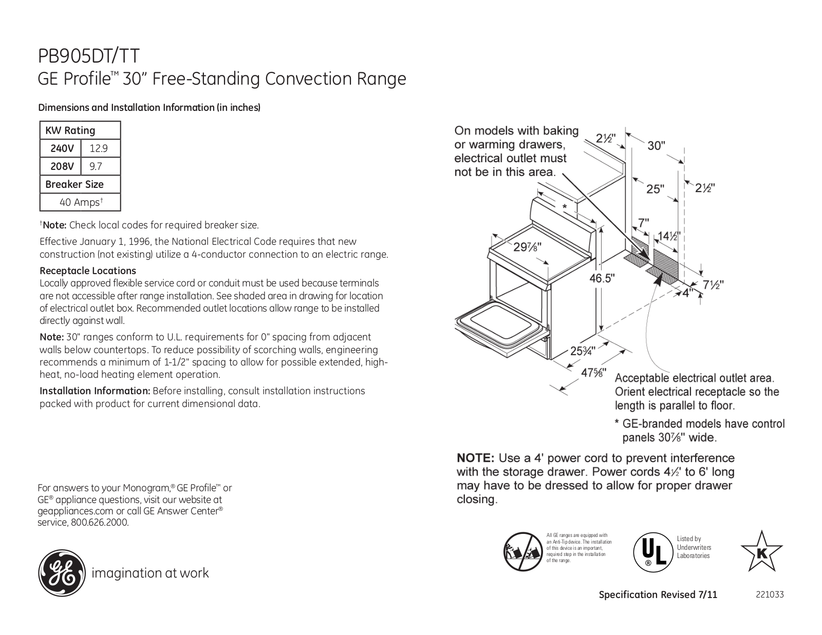 GE PB905DT, PB905TT Specification