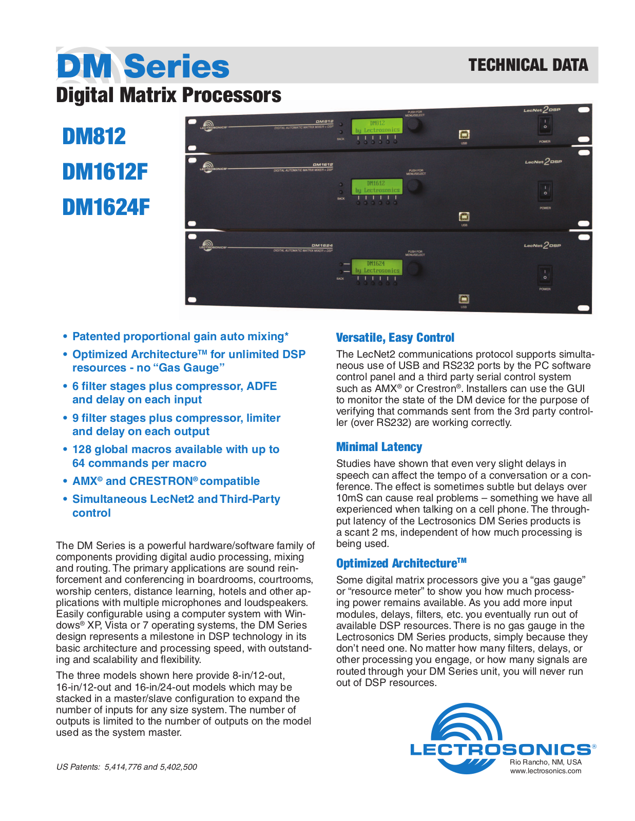 Lectrosonics DM812, DM1624F Specifications