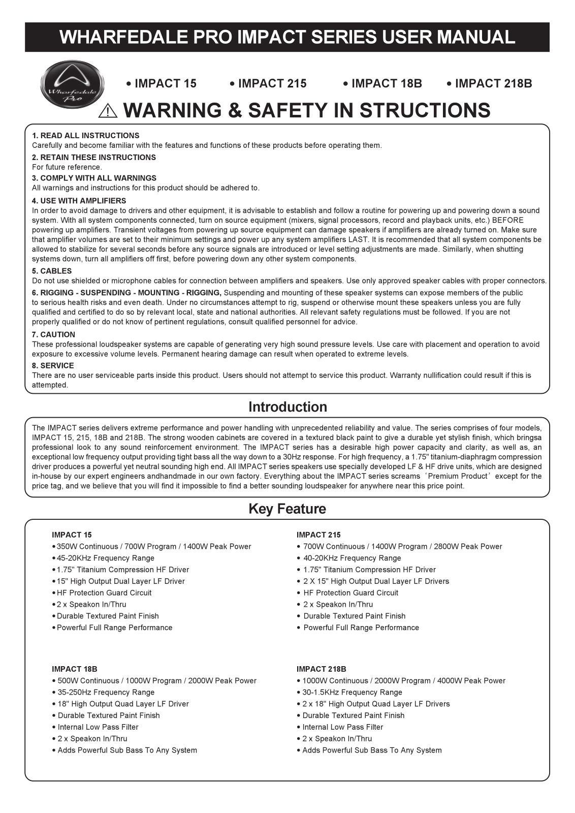 Wharfedale Pro IMPACT 15, IMPACT 215, IMPACT 18B, IMPACT 218B User`s manual