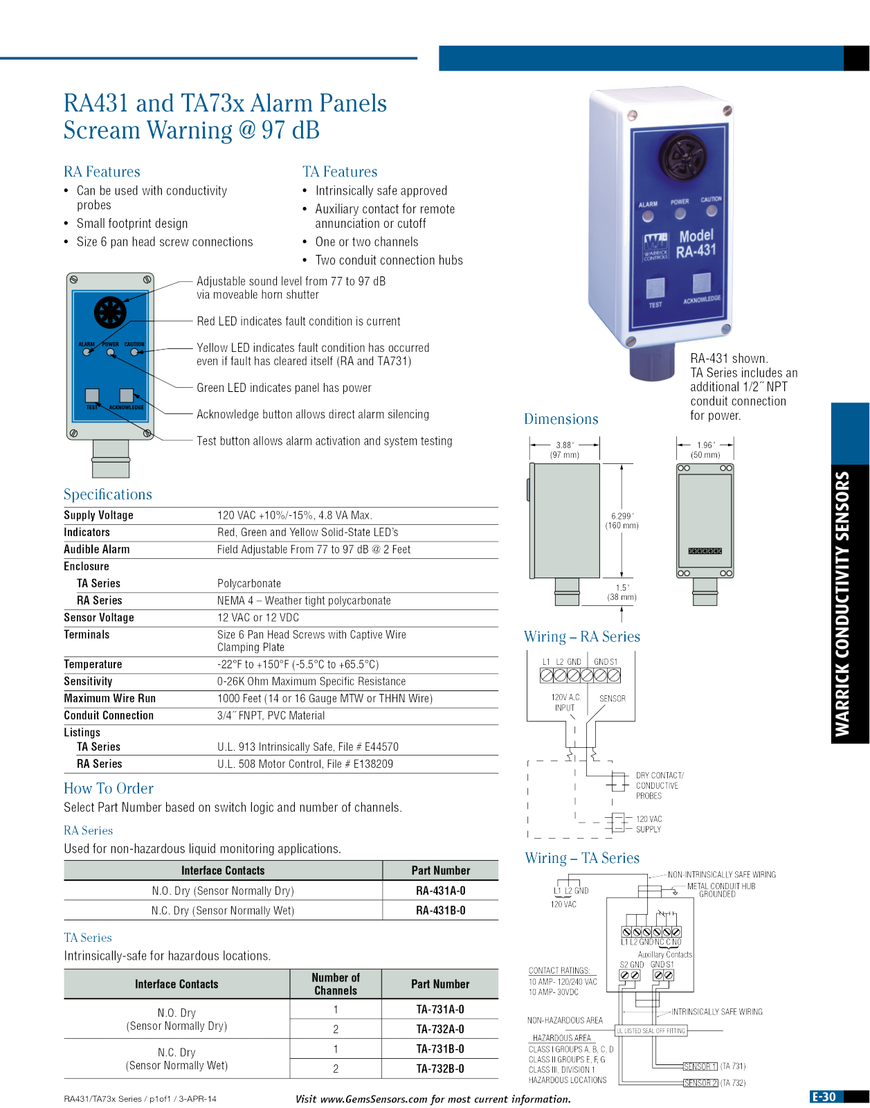 Gems Sensors & Controls TA73X, RA431 Specifications