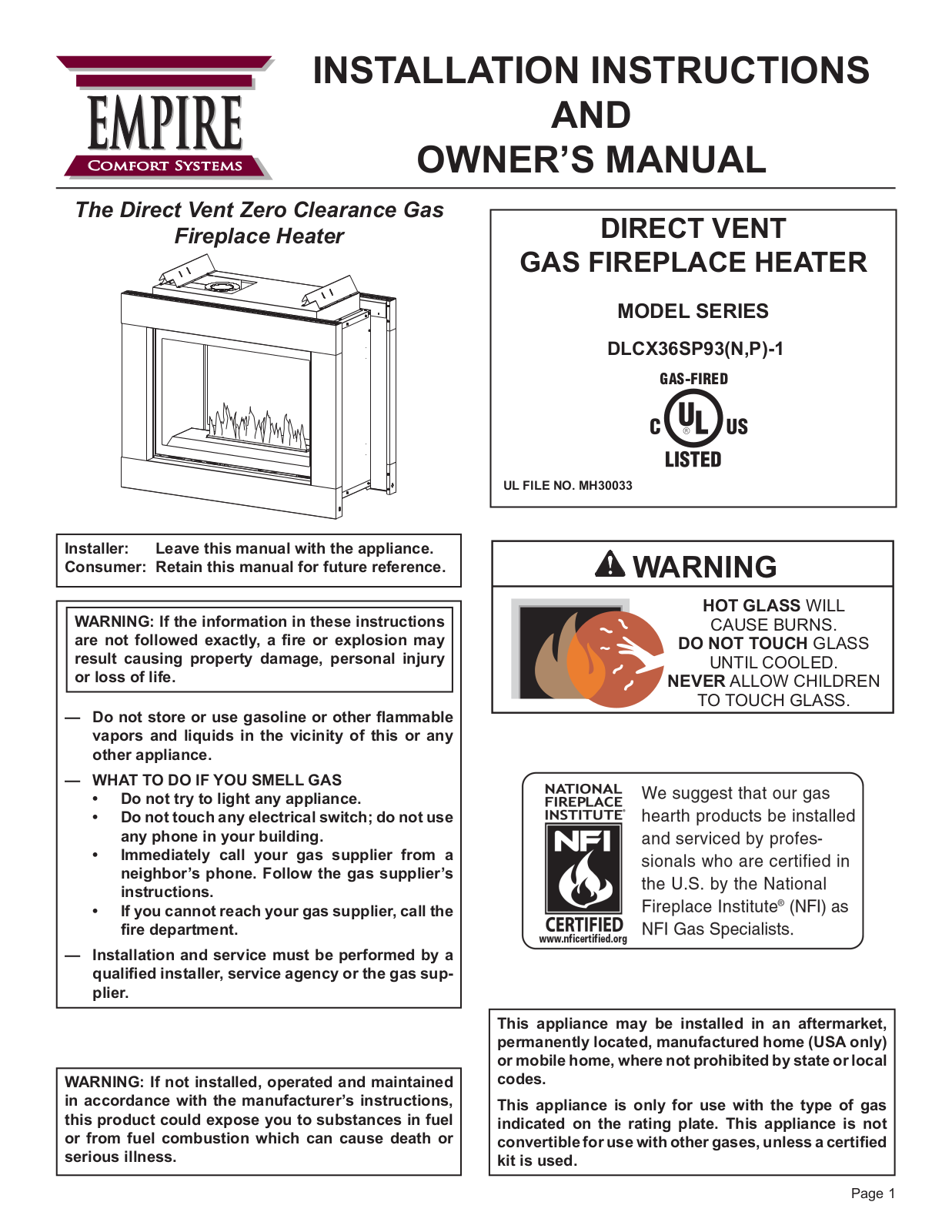 Empire Comfort Systems DLCX36SP93N-1, DLCX36SP93P-1 Installation Instructions And Owner's Manual