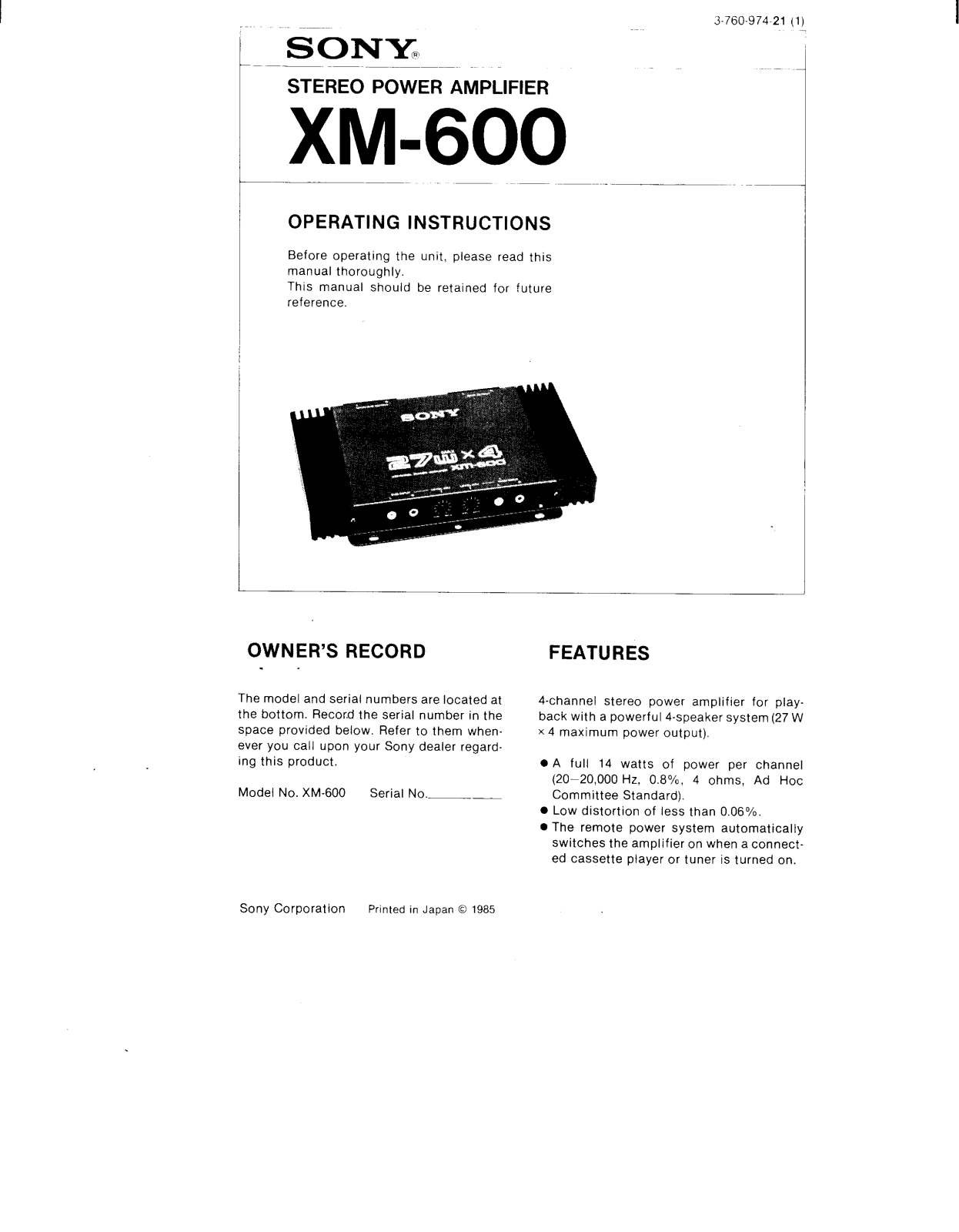 Sony XM-600 User Manual