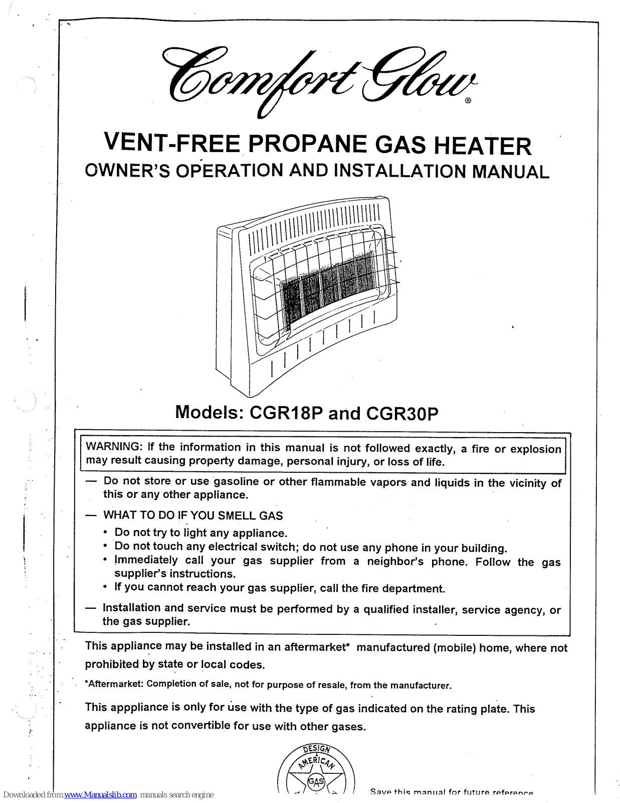 Comfort Glow CGR18P, CGR30P Owner's Operation And Installation Manual