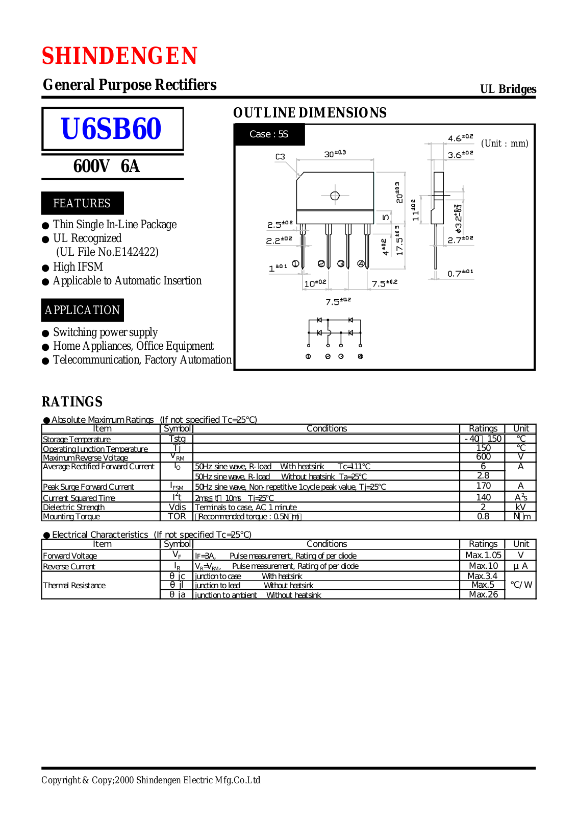 Shindengen Electric Manufacturing Company Ltd U6SB60 Datasheet