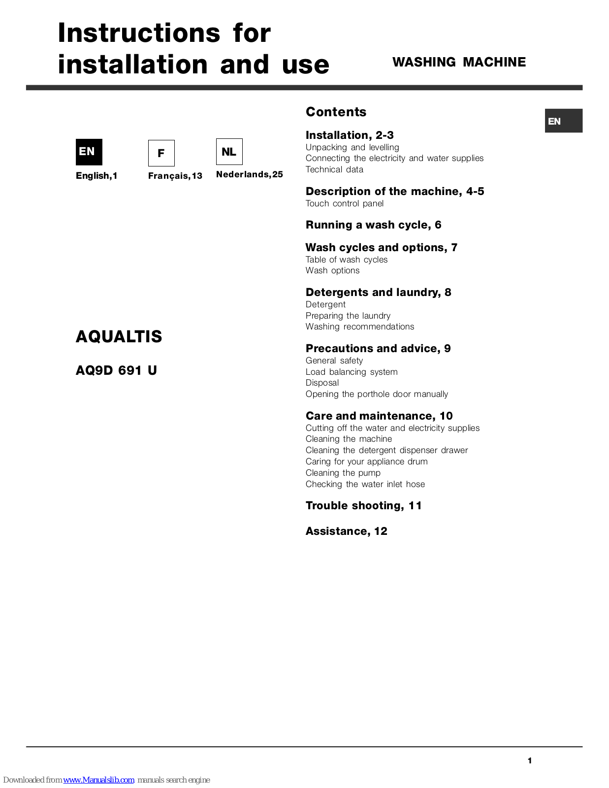 Hotpoint Ariston AQ9D 691 U Instructions For Installation And Use Manual